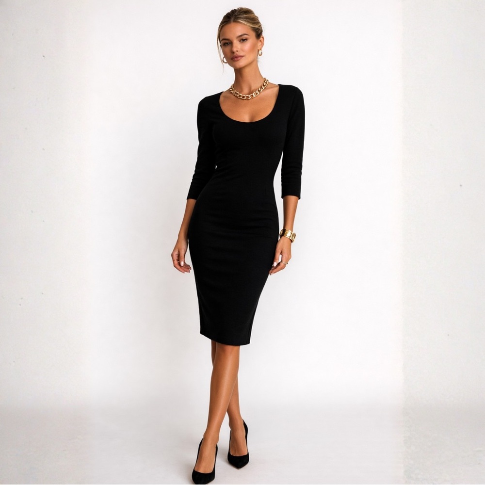 Vintage LBD Classic Black Scoop Neck Wool Midi Dress, Fitted and Sleek